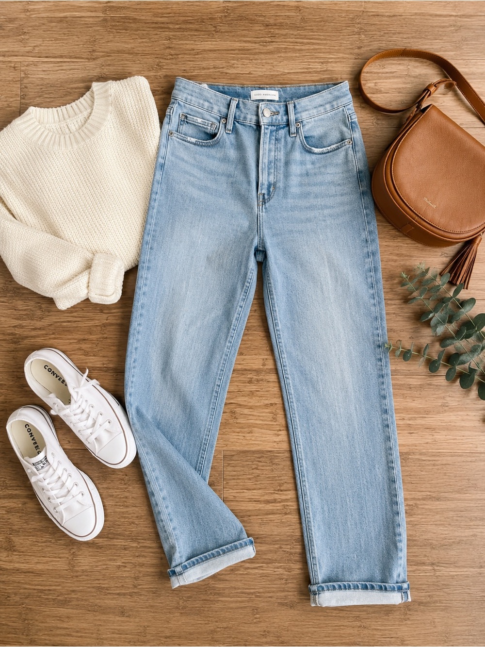 Good American Good Legs Straight Jeans Size 10/30 Light Wash High Rise Distresse